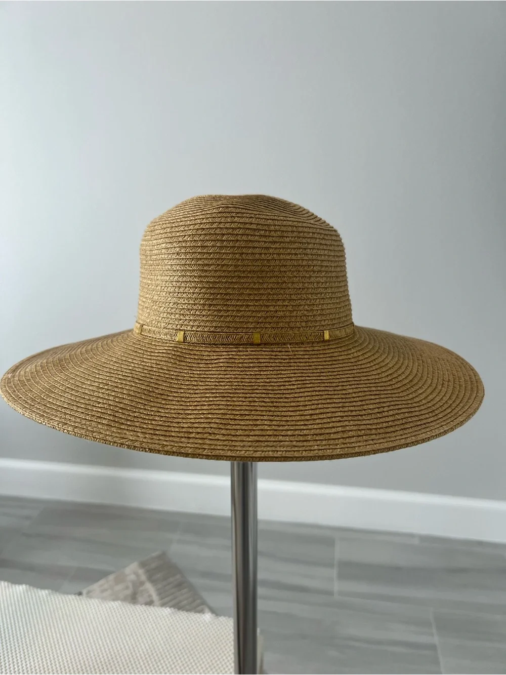 Nine West Wheat-Tone Wide Brim Straw Sun Hat with Gold Accents - Picture 1 of 2